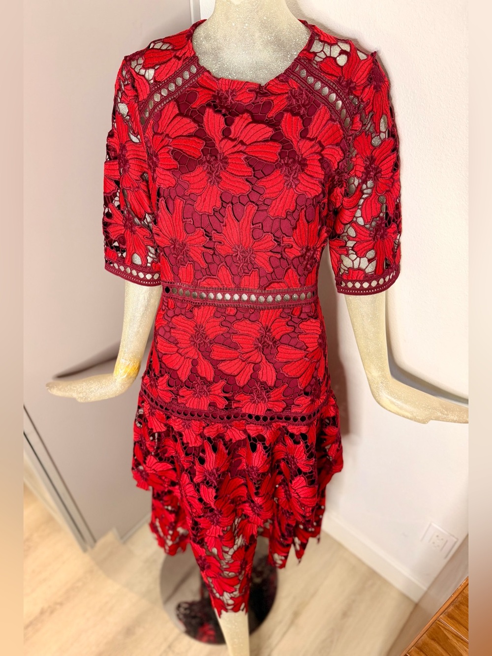 Just Me Red Floral Guipure Lace Tiered Midi Dress. Size Medium